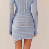 Hollow Out Long Sleeve Knitted Mini Dress Light Blue