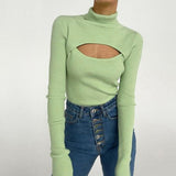 Long Sleeve Hollow Out Turtleneck Pullover Sweater Green