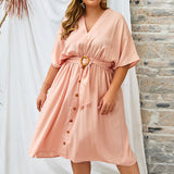 Plus Size Wooden Belt Midi Dress Pink