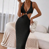 Knitted Deep V-Neck Lace Up Halter Maxi Dress Black