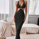 Knitted Deep V-Neck Lace Up Halter Maxi Dress Black