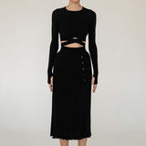 2-Piece Crew Neck Cross Tie Top and Midi Skirt Matching Set Black