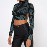 Printed Mock Neck Crop Top Black Dragon