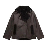 Fleece Faux Leather Coat Brown