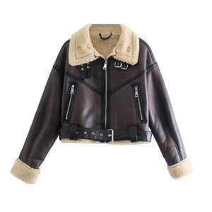 Faux Fur Belted Jacket Brown