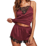 2-Piece Satin Lace Camisole Sleepwear Set Wine Red