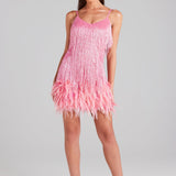 Sleeveless Fringed Sequin Feathered Mini Dress Pink