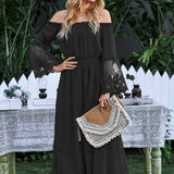 Off Shoulder Flared Long Sleeve Boho Maxi Dress Black