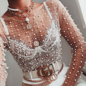 Mesh Embellished Pearl Crop Top Nude