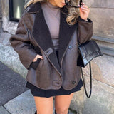 Fleece Faux Leather Coat Brown