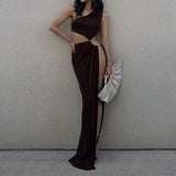 One Shoulder High Split Maxi Dress Brown