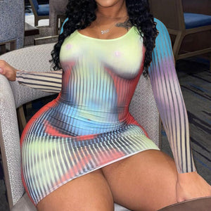 Thermal Print Long Sleeve Bodycon Mini Dress Multi