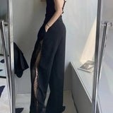 Side Lace Panel Wide Leg Pants Black