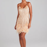 Sleeveless Fringed Sequin Feathered Mini Dress Champagne