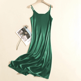 Adjustable Strap Satin Midi Dress Dark Green