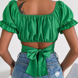 Ruffled Sleeve Crop Top Green