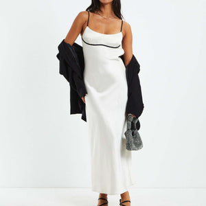 Black Trim Backless Lace-up Sling Maxi Dress White