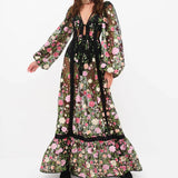 Long Sleeve Maxi Beach Floral Mesh Dress Black