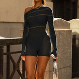 Hollow Mesh Long Sleeve Romper Black