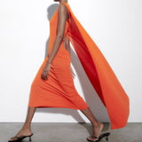 Sleeveless Cape Knitted Midi Asymmetrical Dress Orange