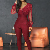 Glitter Mesh Long Sleeve Jumpsuit Red