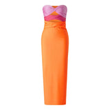 Colorblock Hollow Out Strapless Maxi Dress Orange