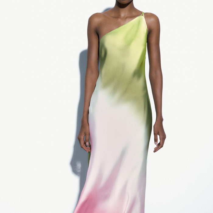 One Shoulder Tie Dye Print Satin Maxi Dress Multicolor