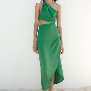 One Shoulder Cut Out Asymmetrical Midi Dress Green