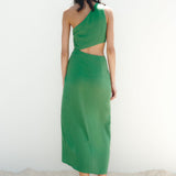 One Shoulder Cut Out Asymmetrical Midi Dress Green