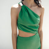 One Shoulder Cut Out Asymmetrical Midi Dress Green