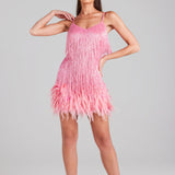 Sleeveless Fringed Sequin Feathered Mini Dress Pink