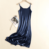 Adjustable Strap Satin Midi Dress Dark Blue