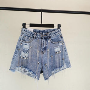 Rhinestone Denim Shorts Blue