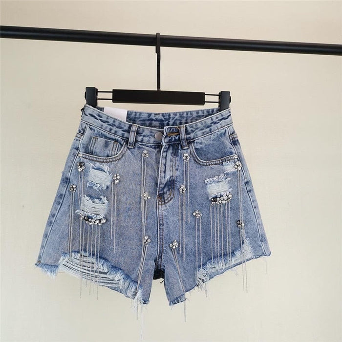 Rhinestone Denim Shorts Blue