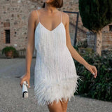 Sleeveless Fringed Sequin Feathered Mini Dress White