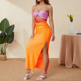 Colorblock Hollow Out Strapless Maxi Dress Orange