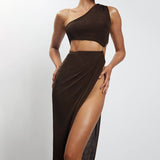 One Shoulder High Split Maxi Dress Brown