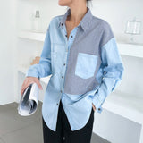 Patchwork Striped Denim Button Up Blouse Top Light Blue