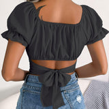 Ruffled Sleeve Crop Top Black