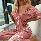 2-Piece Satin Short Sleeve Pants Sleepwear Set Pink Floral