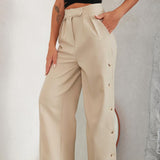 Buttoned Pleated Wide Leg Pants Beige