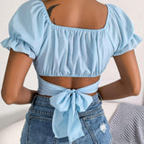 Ruffled Sleeve Crop Top Blue