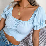 Ruffled Sleeve Crop Top Blue