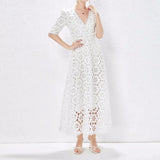 Half Sleeve Hollow Out Embroidery Maxi Dress White