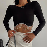 Rhinestone Tassel Long Sleeve Crop Top Black