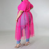 Plus Size Overlay Short Sleeve Blouse Mesh Midi Dress Pink