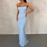 Slip Sheath Solid Ruched Maxi Dress Sky Blue