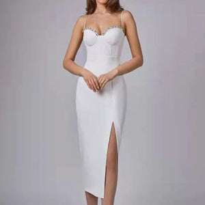 Rhinestone Detail Strap Midi Dress White