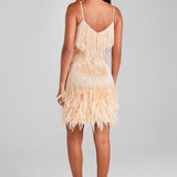 Sleeveless Fringed Sequin Feathered Mini Dress Champagne