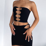 Hollow Out Tube Top And Mini Skirt Matching Set Black